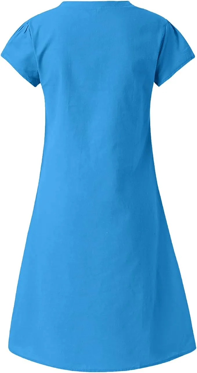 Fronage Women's Cotton Linen Midi Dress V Neck Short Sleeve Causal Loose Tshirt Dresses Summer