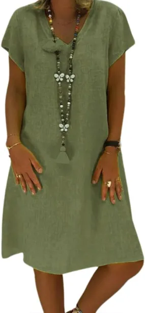 Fronage Women's Loose Cotton Linen Tshirt Dresses V Neck Short Sleeve Casual Summer Midi Dress Beach Army Green, L