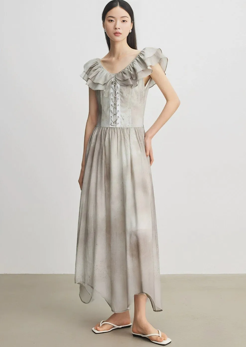 FRONT LACE-UP RUFFLE DRESS
