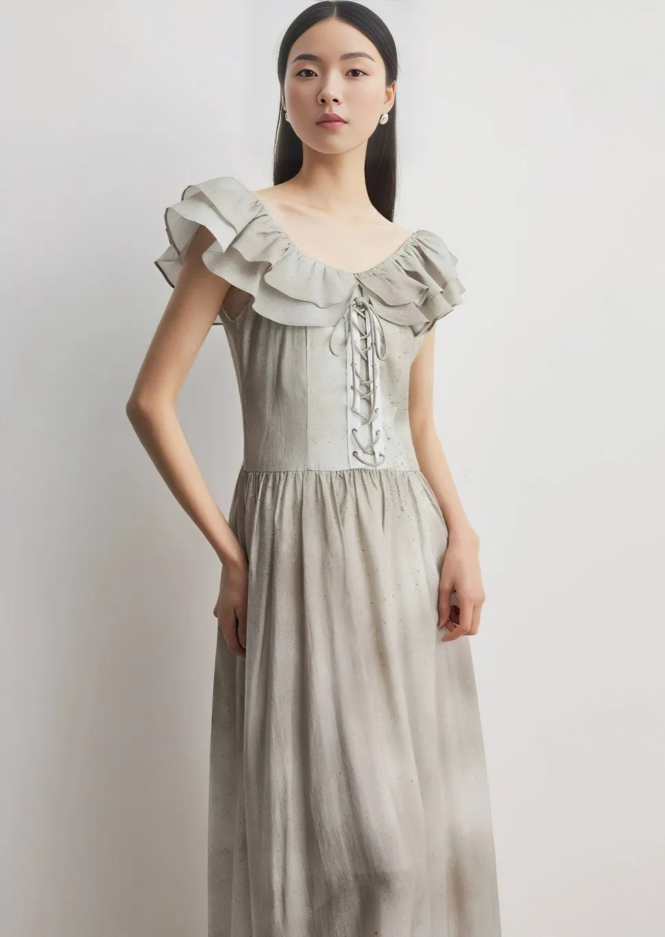 FRONT LACE-UP RUFFLE DRESS