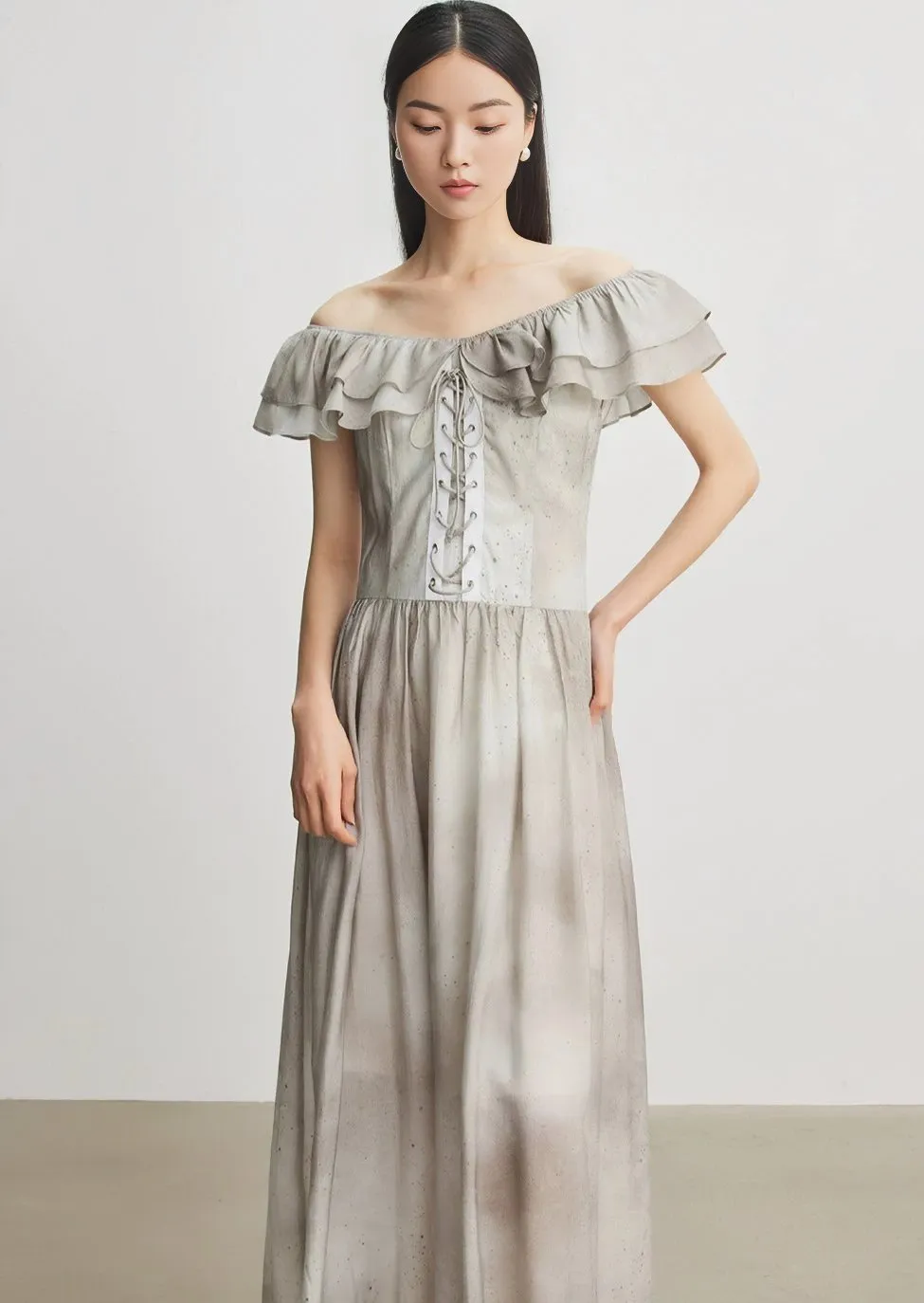 FRONT LACE-UP RUFFLE DRESS