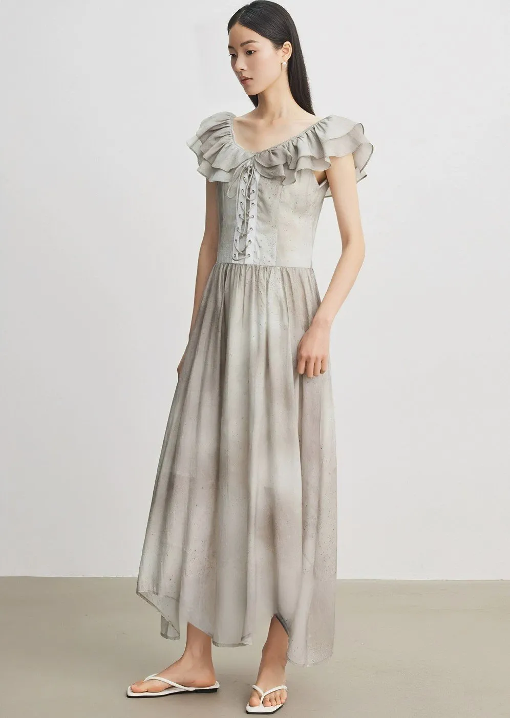 FRONT LACE-UP RUFFLE DRESS