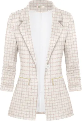 Genhoo Women's Long Sleeve Blazer Open Front Cardigan Jacket Work Office Blazer with Zipper Pockets S-3XL