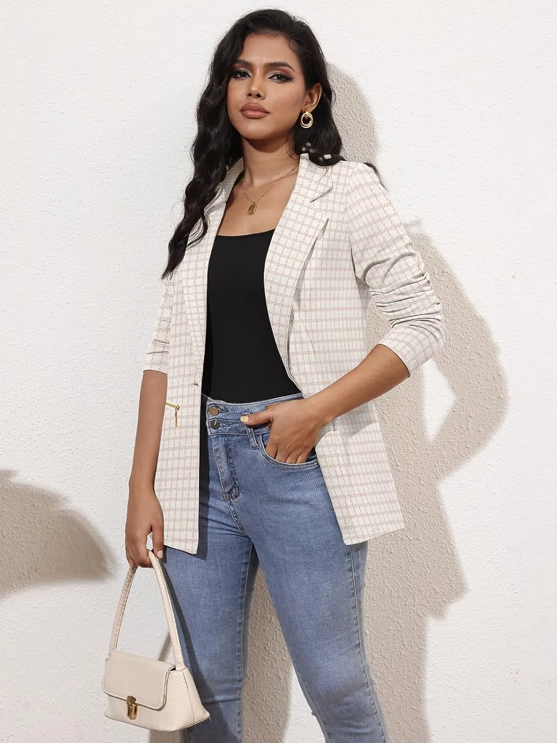 Genhoo Women's Long Sleeve Blazer Open Front Cardigan Jacket Work Office Blazer with Zipper Pockets S-3XL