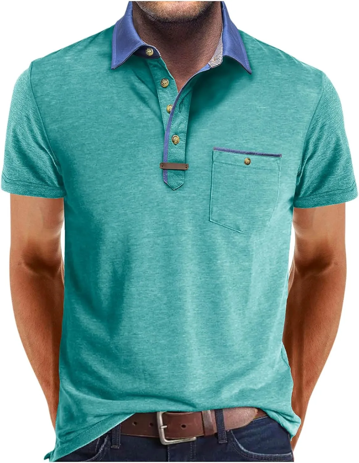 Golf Polos for Men Casual Shirts Classic Button Basic Short Sleeve Shirt Solid Tees Golf Stylish Tops with Pocket