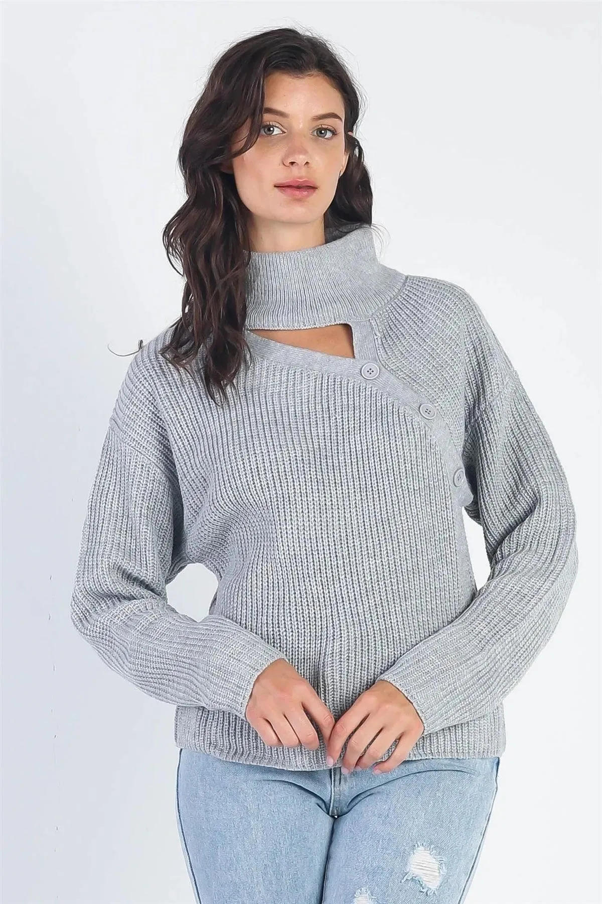 Grey Button Up Turtle Neck Long Sleeve Sweater /4-2