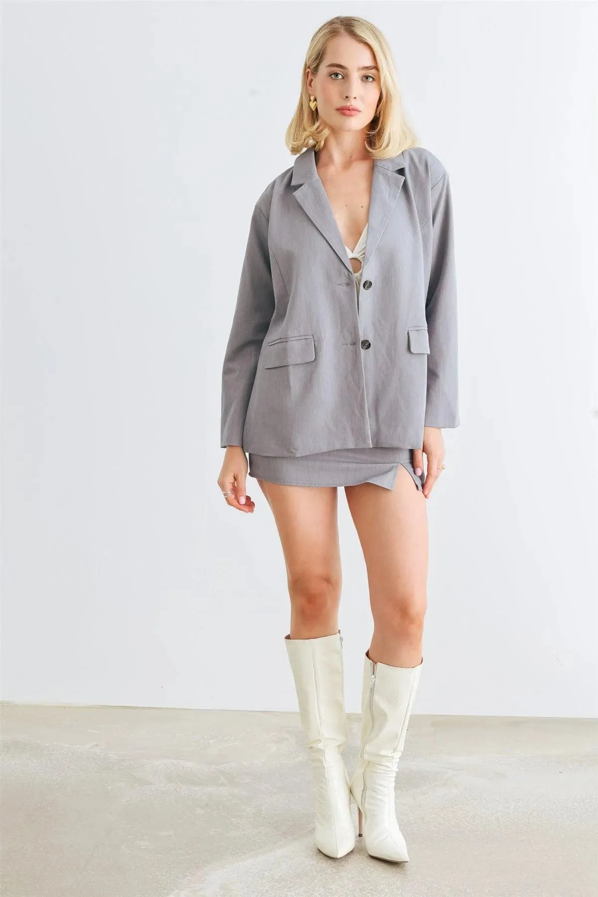 Heather Grey Button-Up Collared Neck Long Sleeve Blazer & High Waist Mini Skirt Set /1-2-2-1