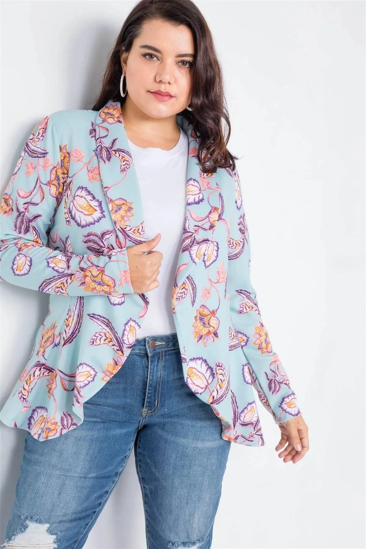 Junior Plus Size Floral Print Blue Round Flounce Hem Blazer /3-2-1