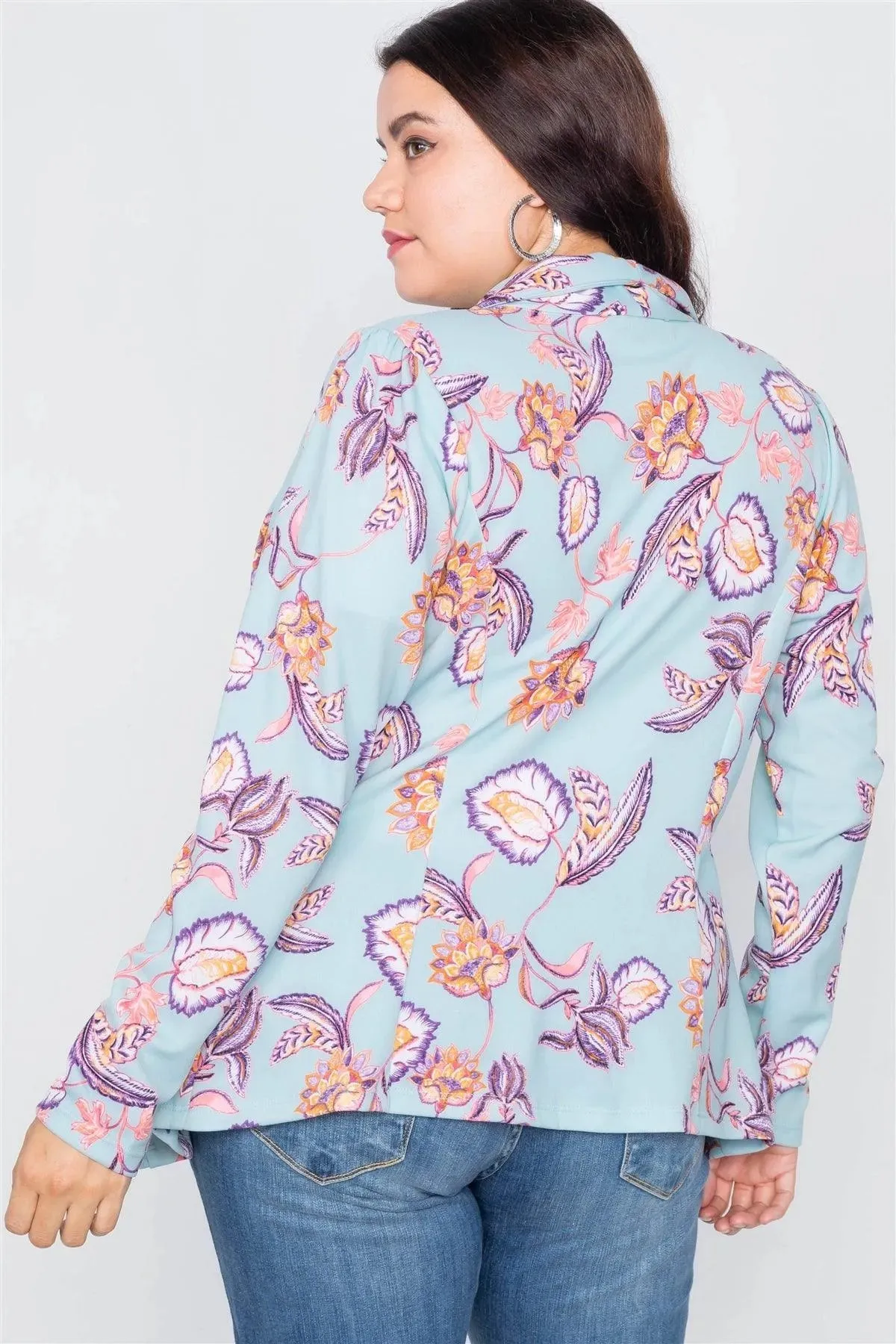 Junior Plus Size Floral Print Blue Round Flounce Hem Blazer /3-2-1