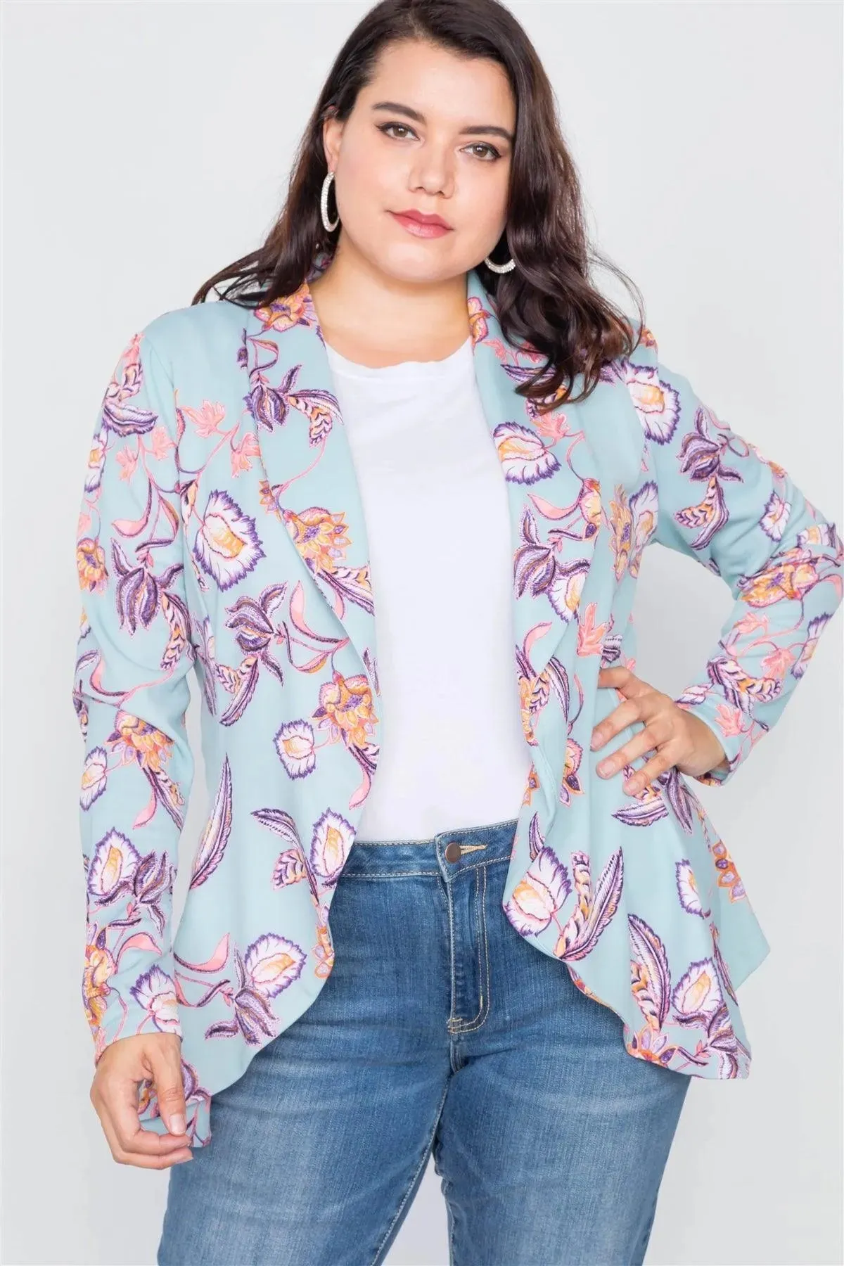 Junior Plus Size Floral Print Blue Round Flounce Hem Blazer /3-2-1