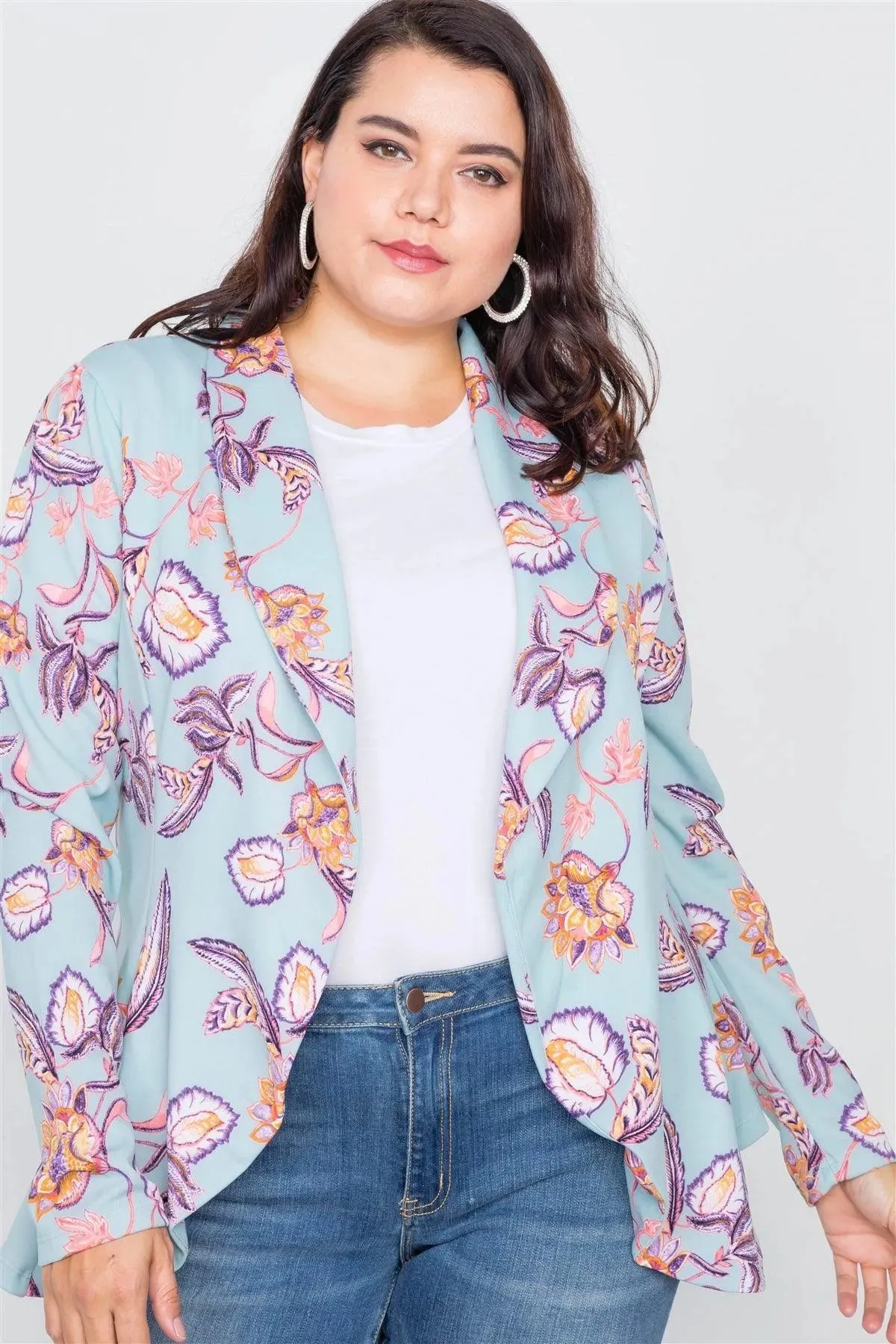 Junior Plus Size Floral Print Blue Round Flounce Hem Blazer /3-2-1