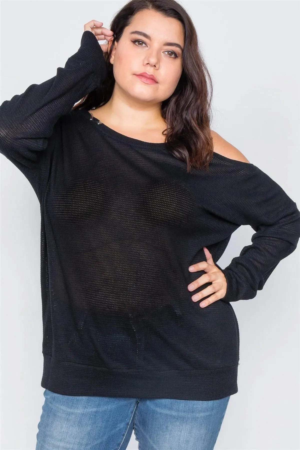 Junior Plus Size Sheer Black Cotton Could Shoulder Sweater /2-2-2