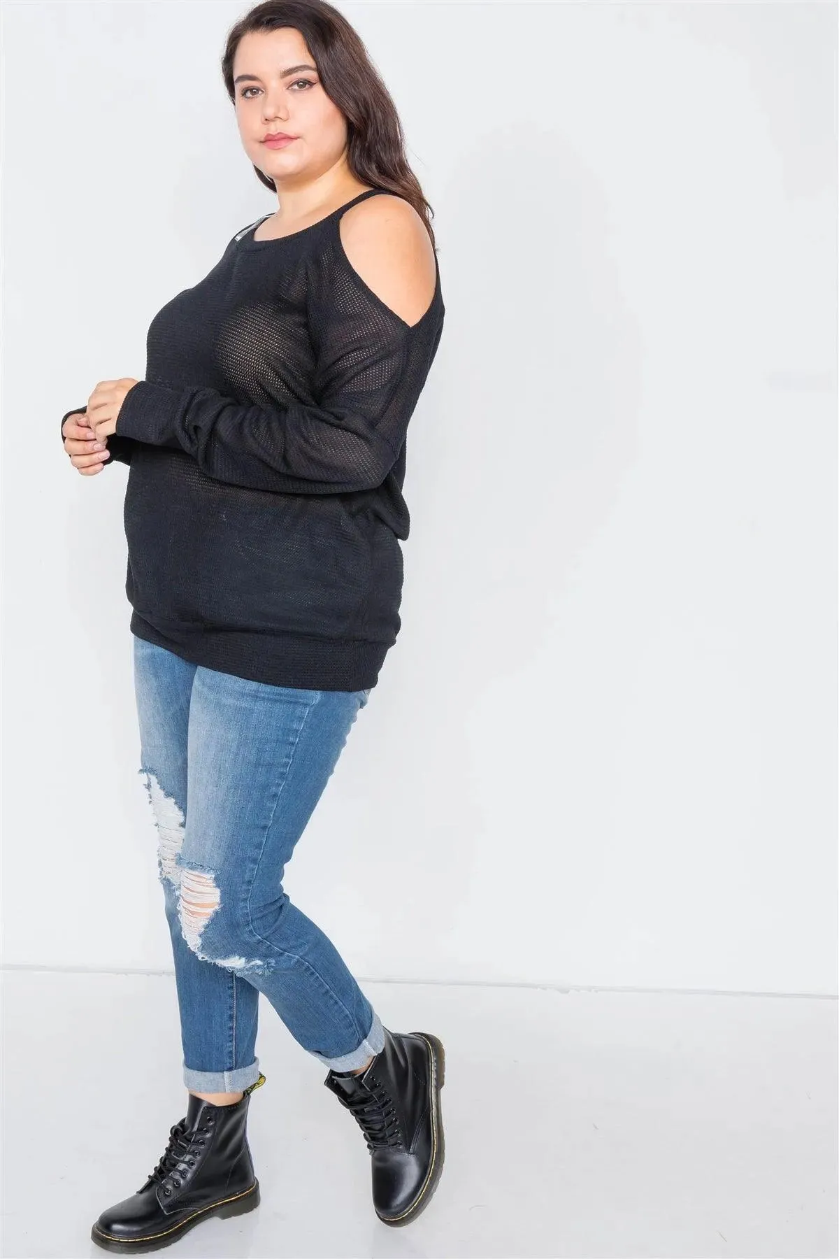Junior Plus Size Sheer Black Cotton Could Shoulder Sweater /2-2-2