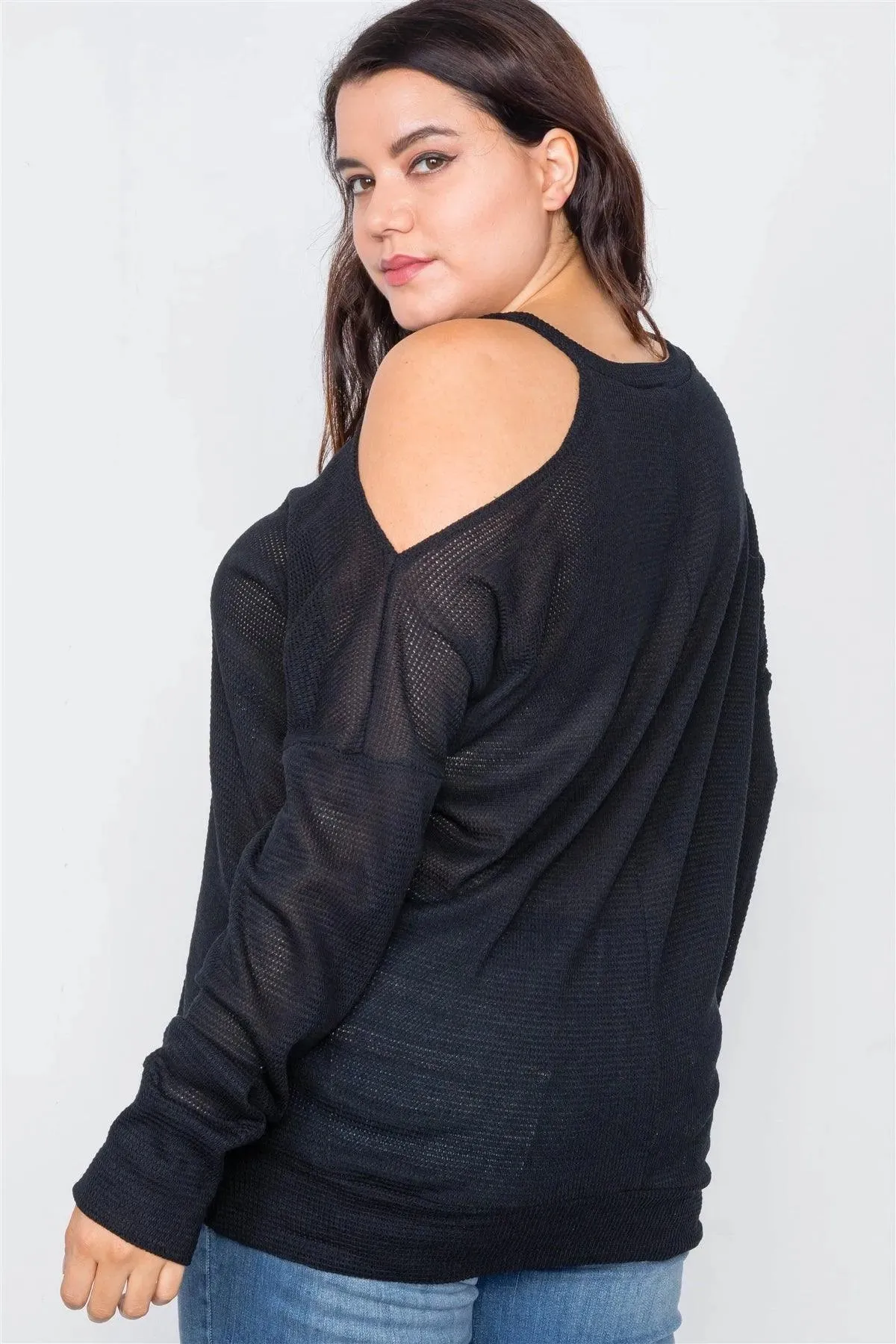 Junior Plus Size Sheer Black Cotton Could Shoulder Sweater /2-2-2