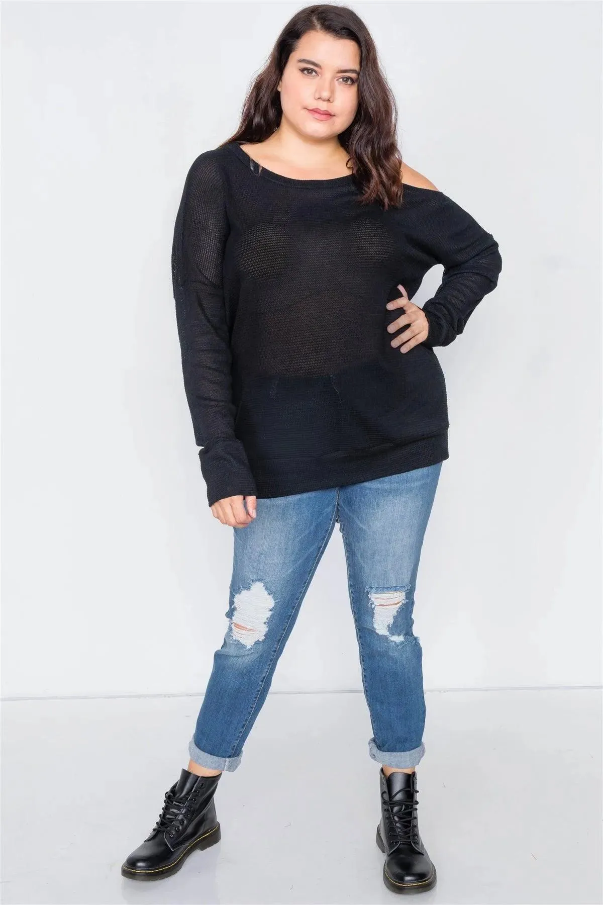 Junior Plus Size Sheer Black Cotton Could Shoulder Sweater /2-2-2