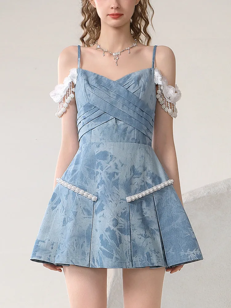 Lace Feminine Flower Silhouette Denim ponpon One-Piece