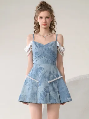 Lace Feminine Flower Silhouette Denim ponpon One-Piece