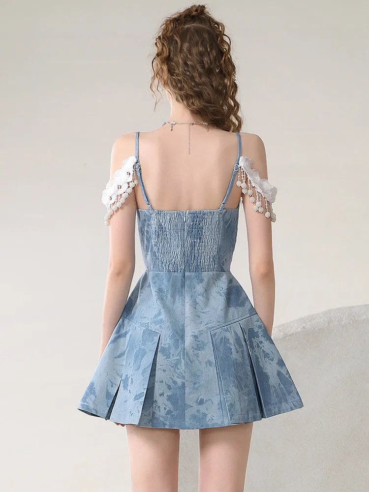 Lace Feminine Flower Silhouette Denim ponpon One-Piece