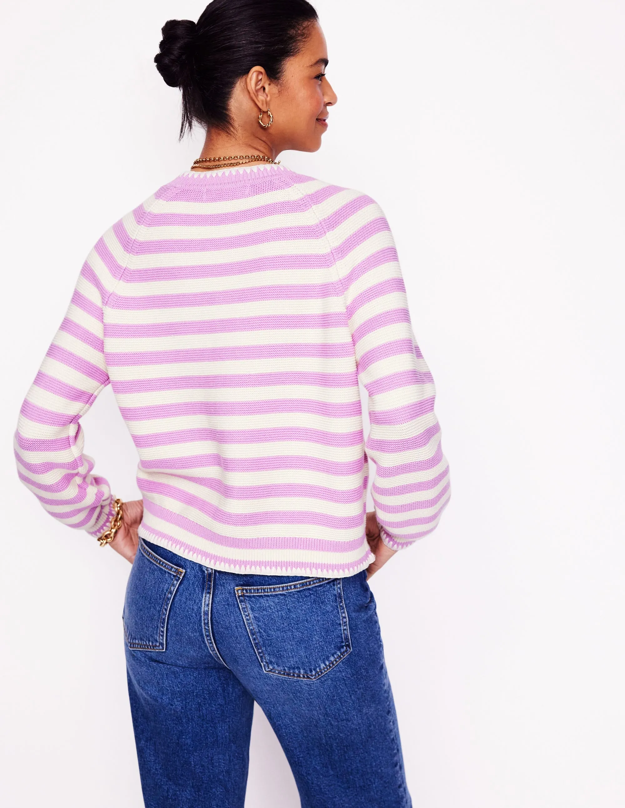Lena Stitch Detail Cardigan-Soft Lavender and Ivory Stripe