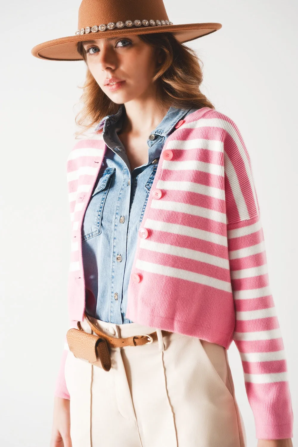 Lightweight Stripe Cardigan In Pink