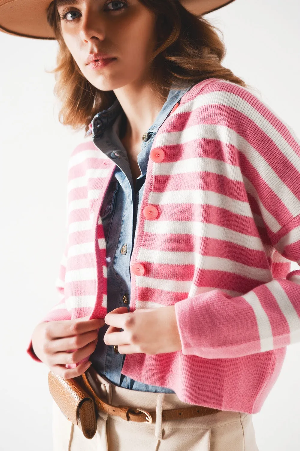 Lightweight Stripe Cardigan In Pink