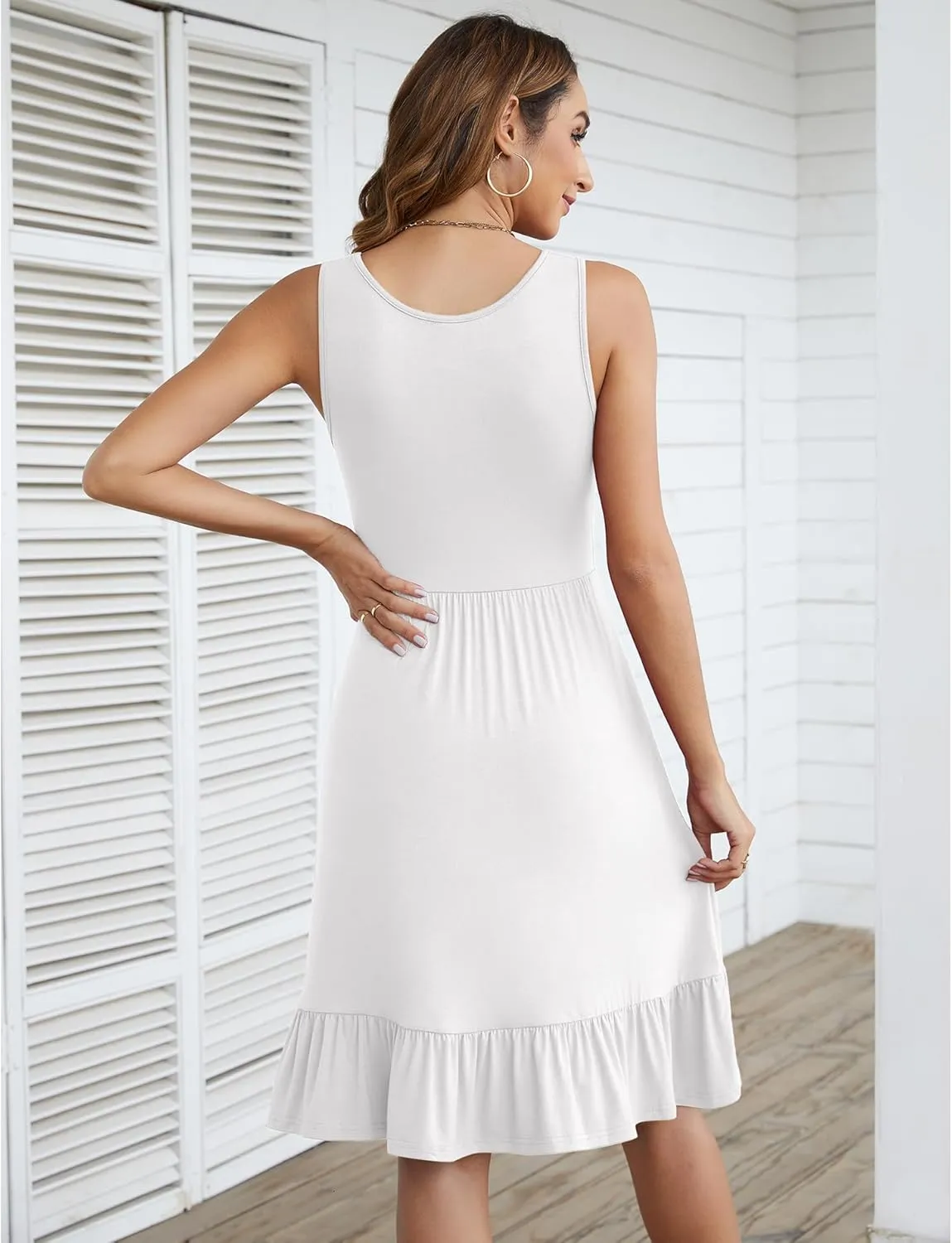 LILBETTER Women's Round Neck Summer Sundresses Casual Pleated Ruffle Hem Knee Length Sleeveless Tank Dress with Pockets