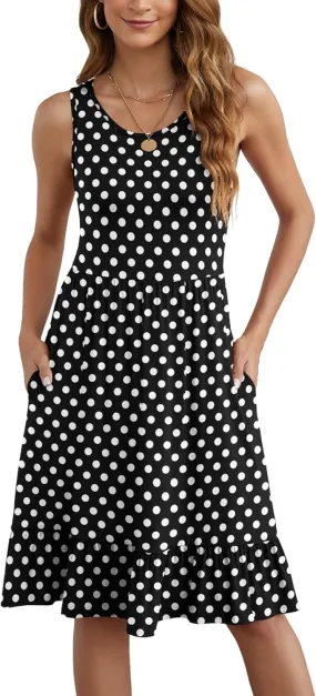 LILBETTER Women's Round Neck Summer Sundresses Casual Pleated Ruffle Hem Knee Length Sleeveless Tank Dress with Pockets