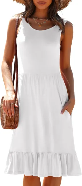 LILBETTER Women's Round Neck Summer Sundresses Casual Pleated Ruffle Hem Knee Length Sleeveless Tank Dress with Pockets