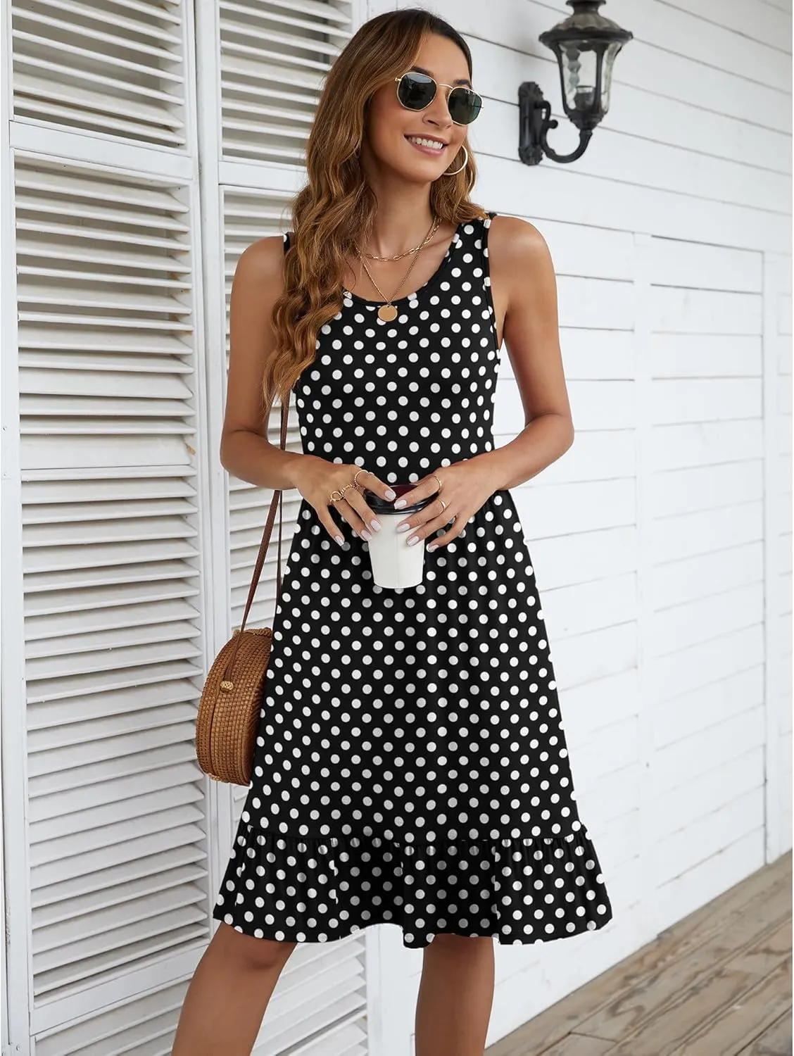LILBETTER Women's Round Neck Summer Sundresses Casual Pleated Ruffle Hem Knee Length Sleeveless Tank Dress with Pockets