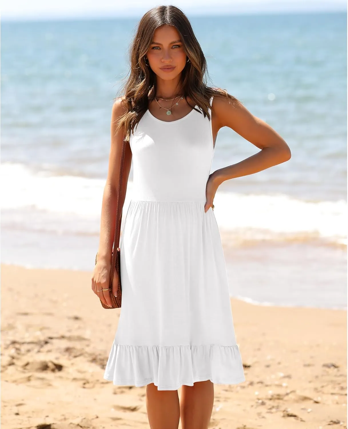 LILBETTER Women's Round Neck Summer Sundresses Casual Pleated Ruffle Hem Knee Length Sleeveless Tank Dress with Pockets