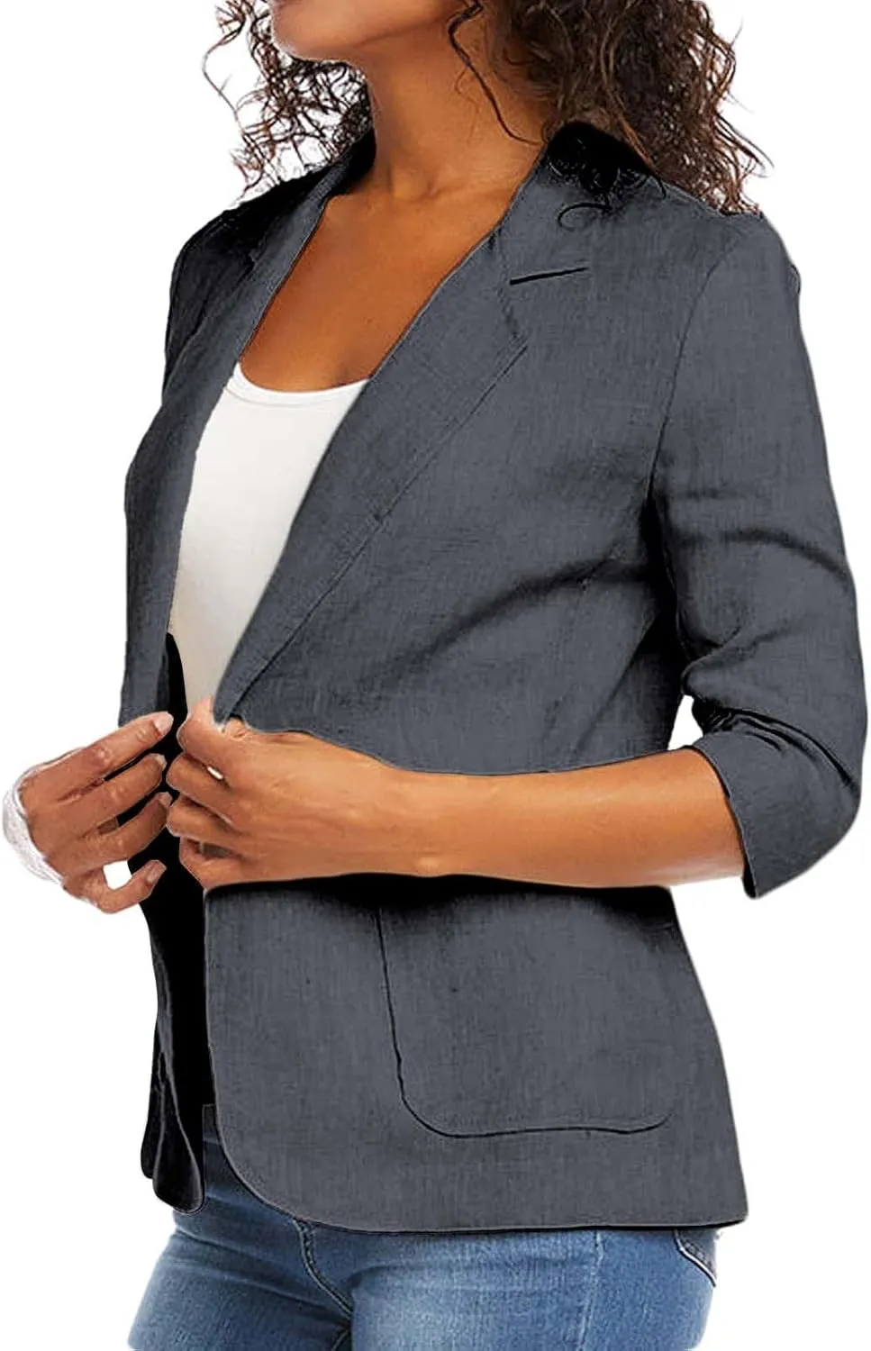 linen blazer women 3/4 Sleeve Ruched Lined Suit Stretchy Lightweight Casual Dressy Work Summer Jackets with Pockets