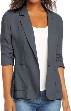 linen blazer women 3/4 Sleeve Ruched Lined Suit Stretchy Lightweight Casual Dressy Work Summer Jackets with Pockets