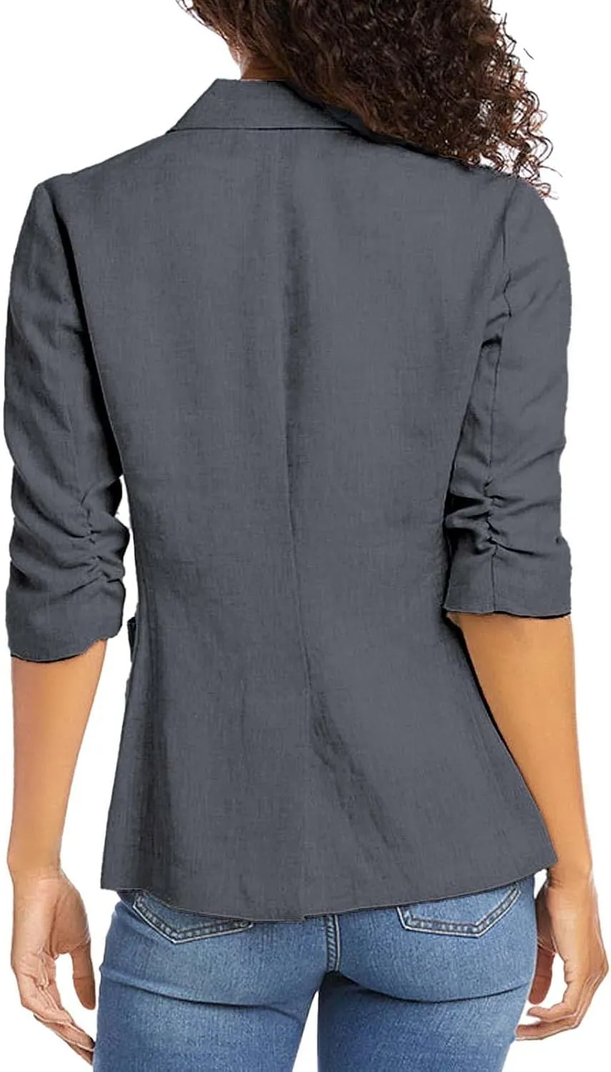 linen blazer women 3/4 Sleeve Ruched Lined Suit Stretchy Lightweight Casual Dressy Work Summer Jackets with Pockets
