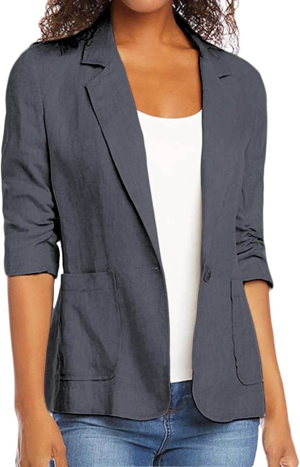 linen blazer women 3/4 Sleeve Ruched Lined Suit Stretchy Lightweight Casual Dressy Work Summer Jackets with Pockets