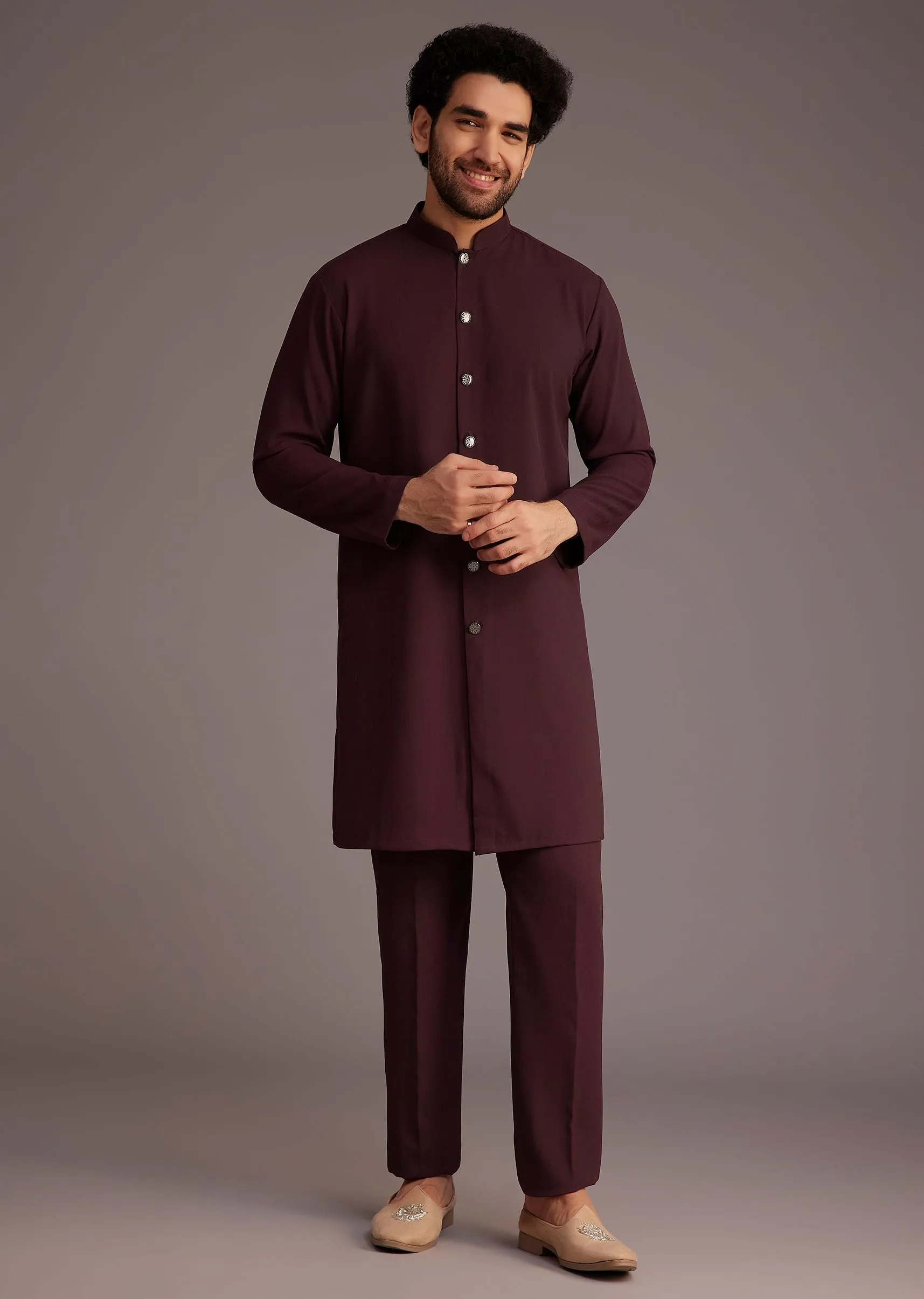 Maroon Embroidered Sherwani With Mandarin Collar