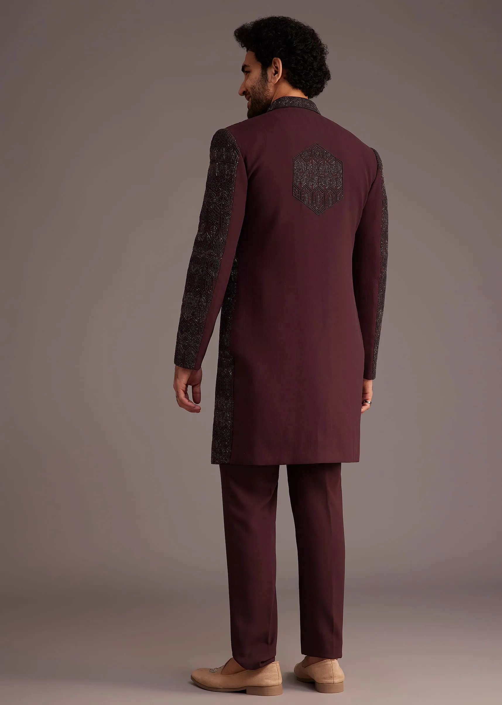 Maroon Embroidered Sherwani With Mandarin Collar