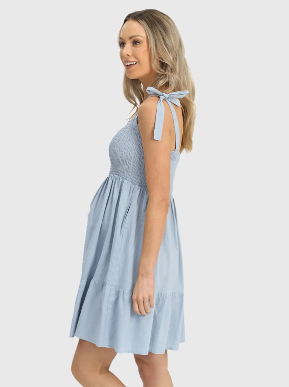 Maternity Chambray Sleeveless Sundress in Light Blue