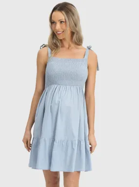 Maternity Chambray Sleeveless Sundress in Light Blue