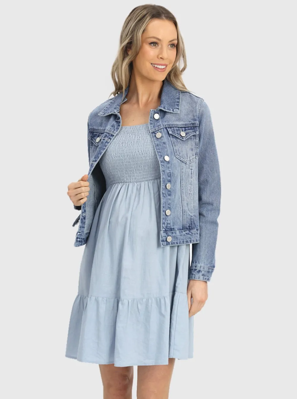 Maternity Chambray Sleeveless Sundress in Light Blue