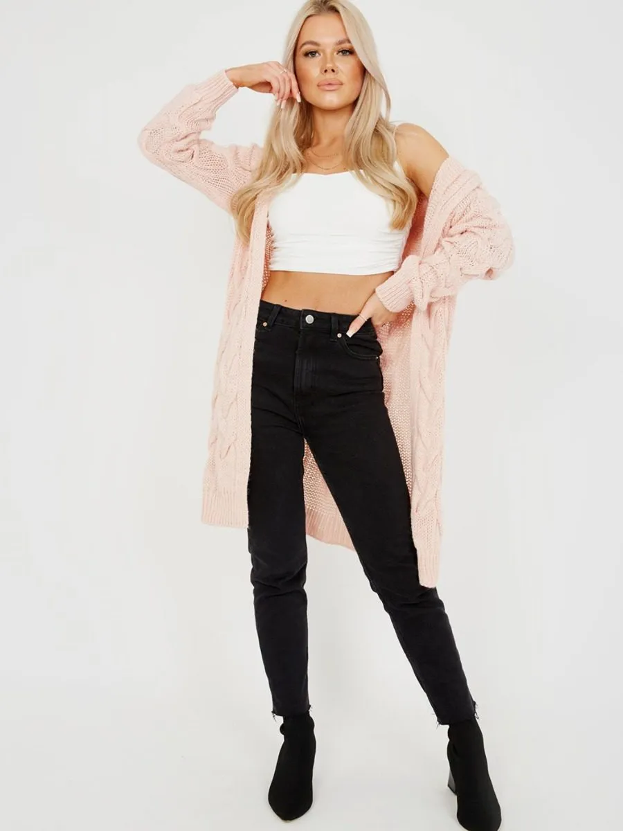 Melanie Cable Knit Detail Hooded Cardigan In Pink