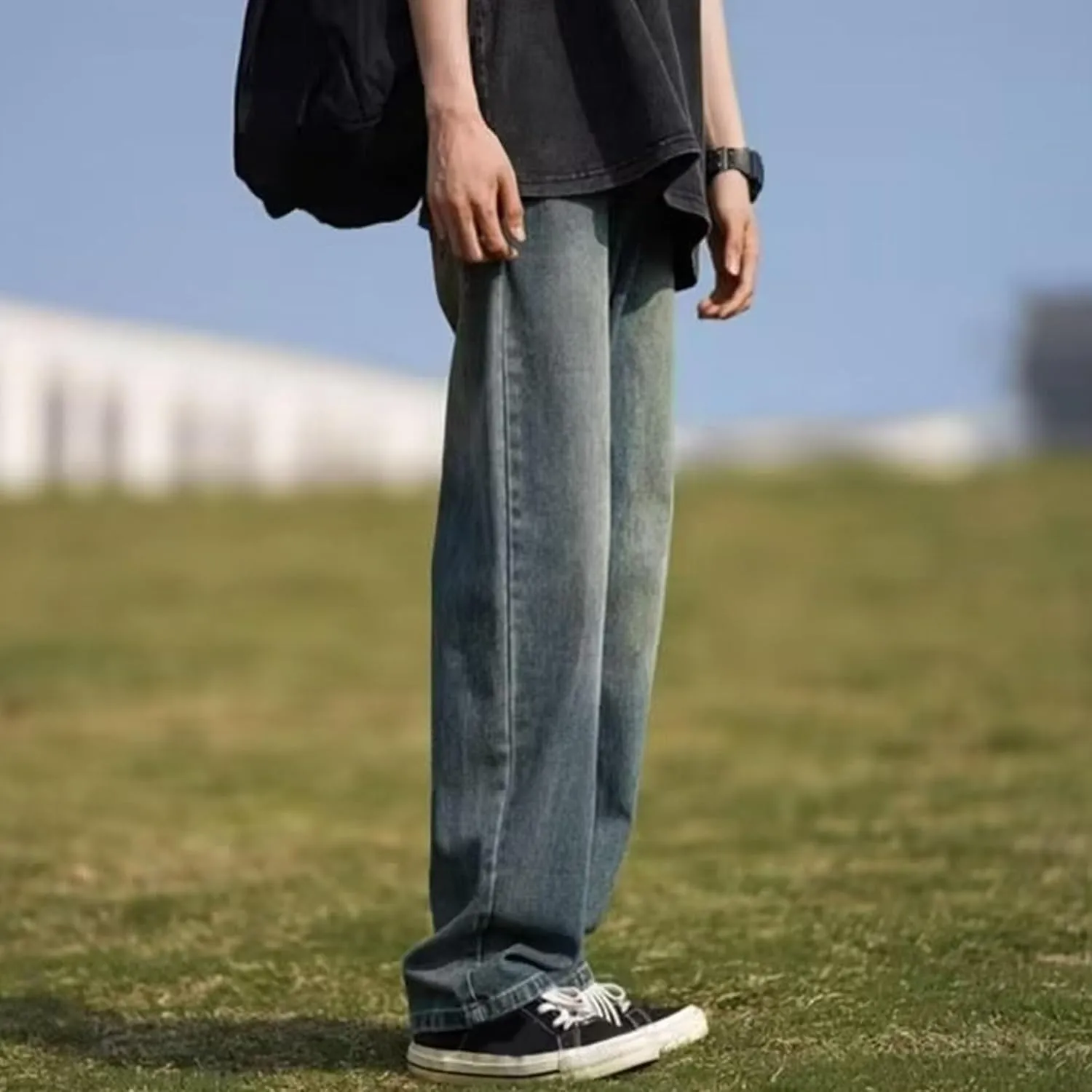 Men's Straight Wide Leg Streetwear Jeans Regular Fit Classic Denim Pants Washed Vintage Jeans Trouser