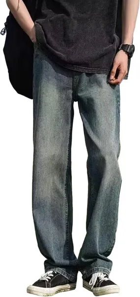Men's Straight Wide Leg Streetwear Jeans Regular Fit Classic Denim Pants Washed Vintage Jeans Trouser