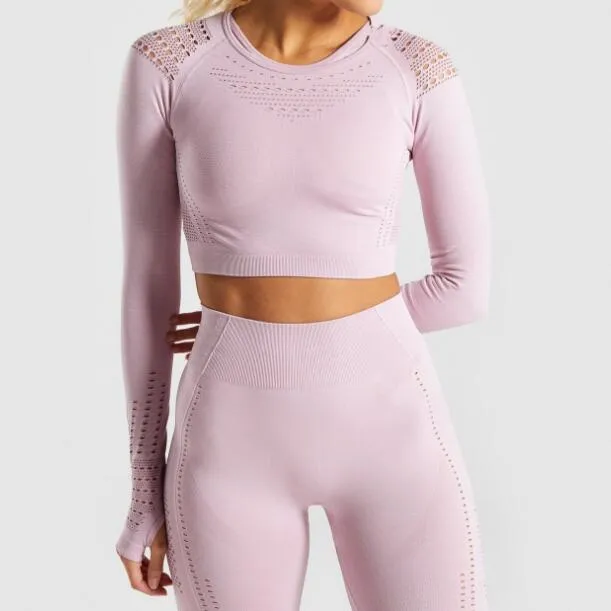 New hot Women Seamless Hollow-out Mesh Thin Sports Yoga Shirts Long Sleeves Tops Energy Yoga Sports Fitness Gym Workout T-shirts