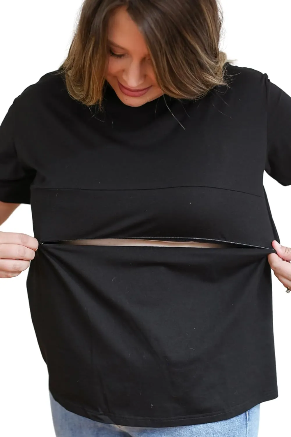 Nursing T-Shirt with Invisible Zipper, Soft and Comfortable Colorblock Breastfeeding Top