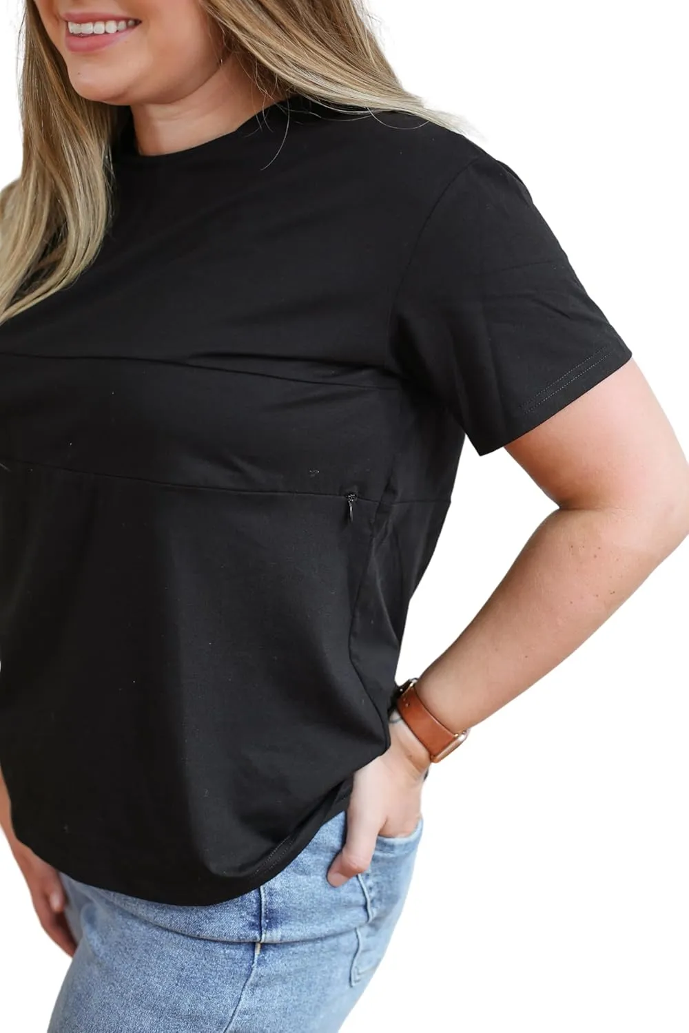 Nursing T-Shirt with Invisible Zipper, Soft and Comfortable Colorblock Breastfeeding Top