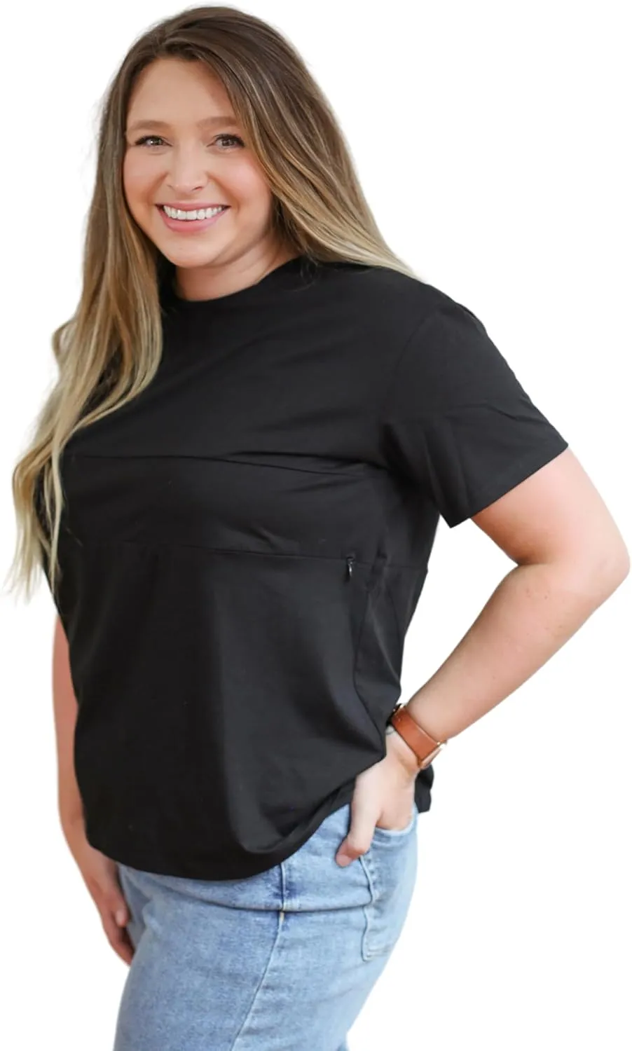 Nursing T-Shirt with Invisible Zipper, Soft and Comfortable Colorblock Breastfeeding Top