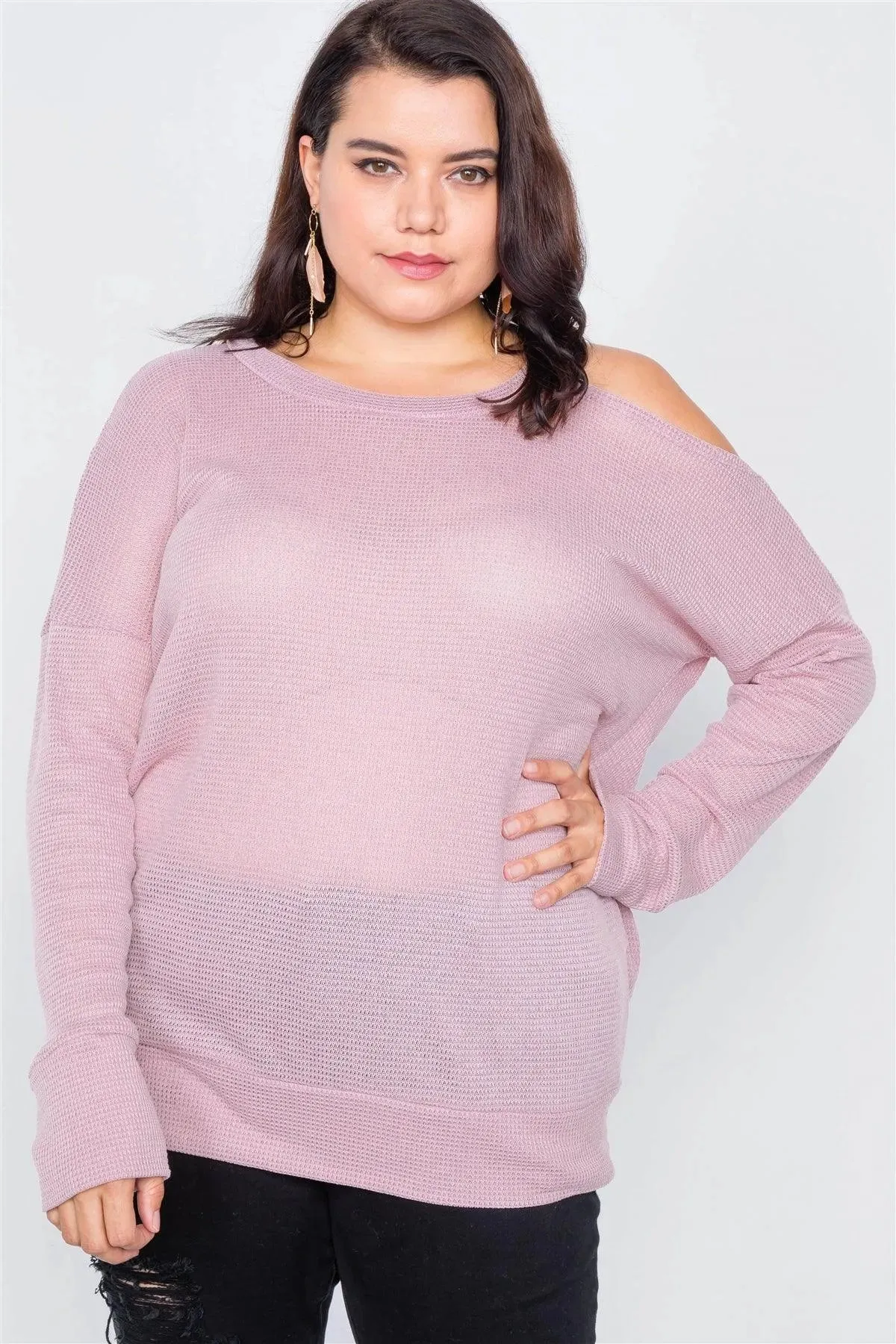 Plus Size Sheer Pink Cotton Could Shoulder Sweater