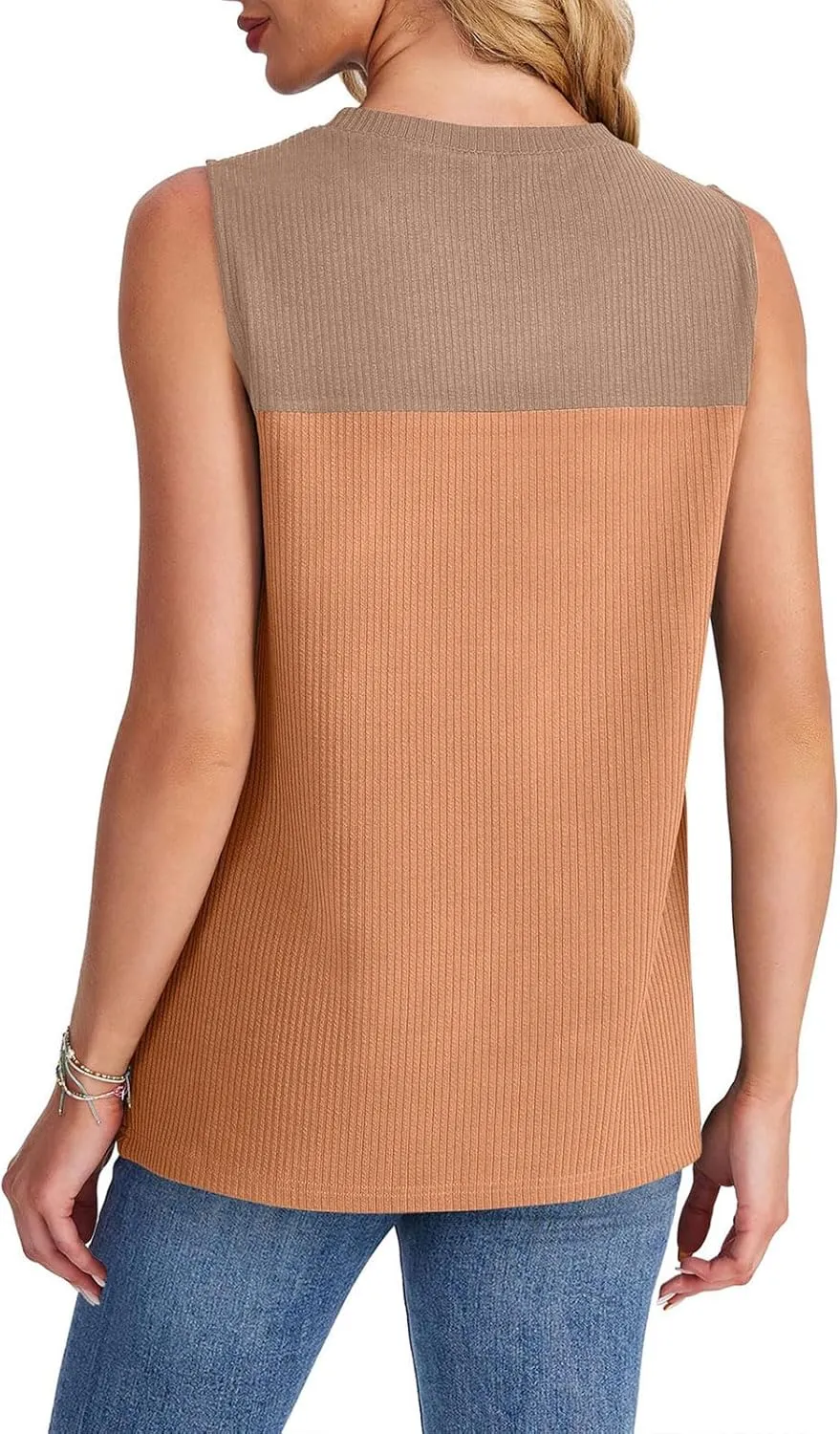 Sleeveless Sweaters for Women Casual Color Block Round Neck Tank Tops Summer Breathable Knitted Loose Fit T-Shirts