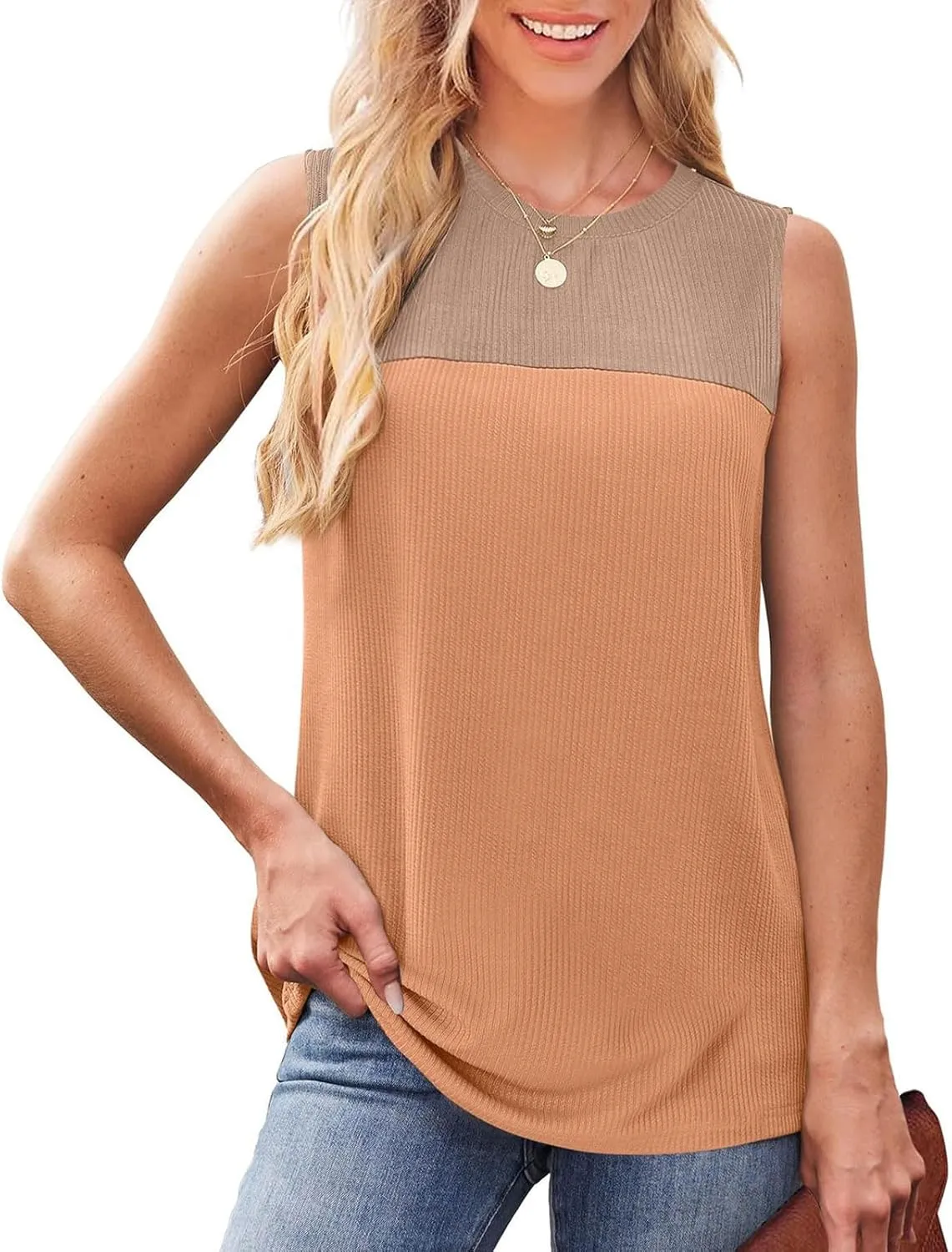 Sleeveless Sweaters for Women Casual Color Block Round Neck Tank Tops Summer Breathable Knitted Loose Fit T-Shirts