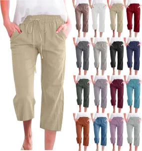 SMIDOW Capri Pants for Women Casual 2025 Summer Drawstring Elastic High Waist Linen Pant Straight Wide Leg Cropped Trouser
